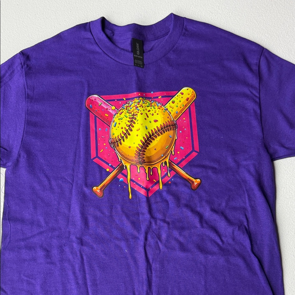 Gildan Purple Tee with Neon Yellow Drip Softball Graphic